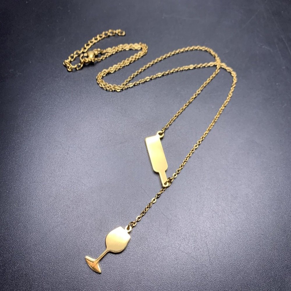 Wine Glass Bottle Necklace Y Drop Pendant Dainty Boho Gold Tone